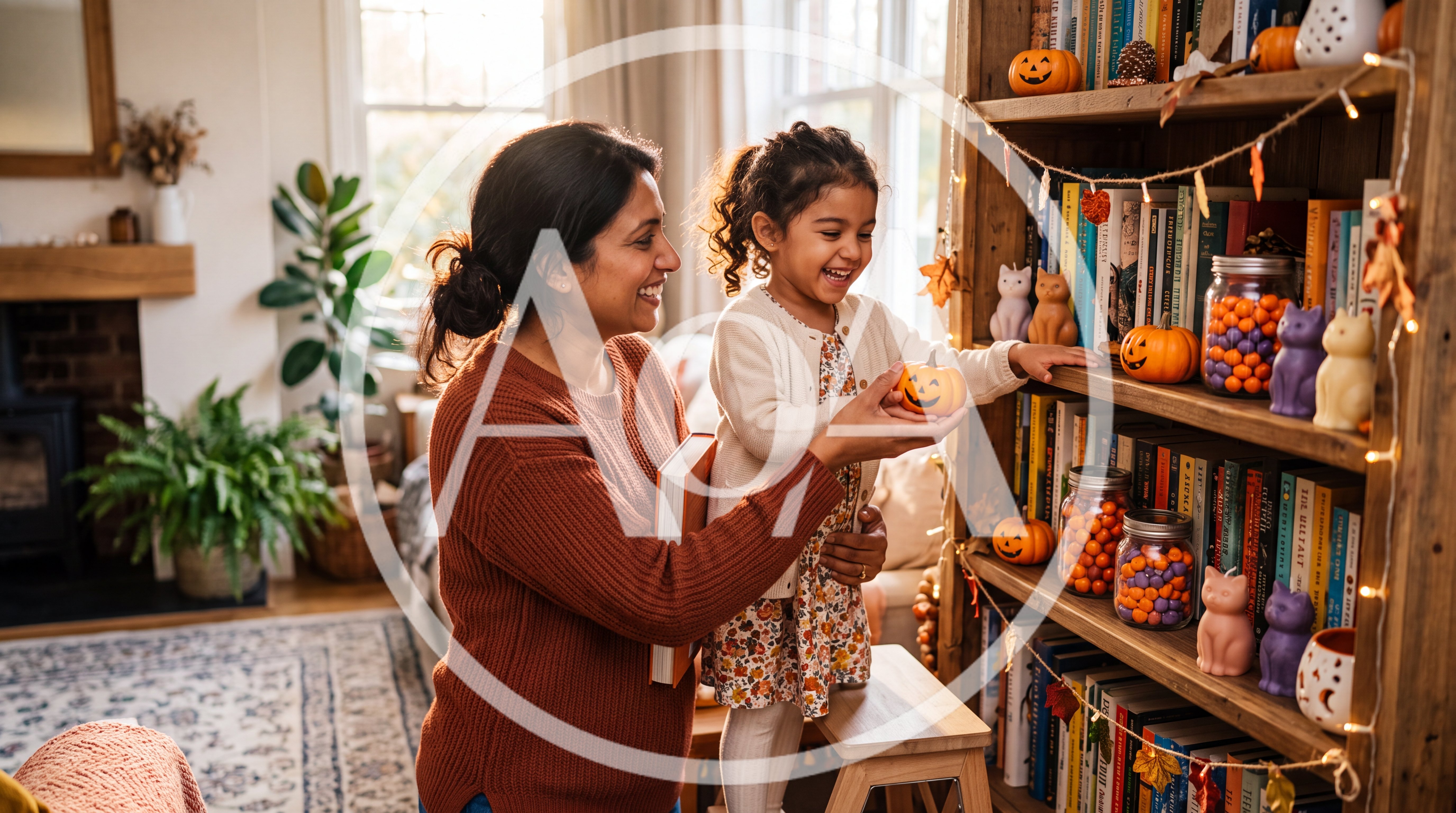 Mother and Daughter Decorating Bookshelf for Halloween