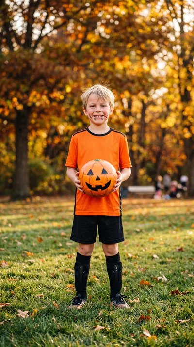 Young Boy Dressed as Vampire Holding Pumpkin Soccer Ball