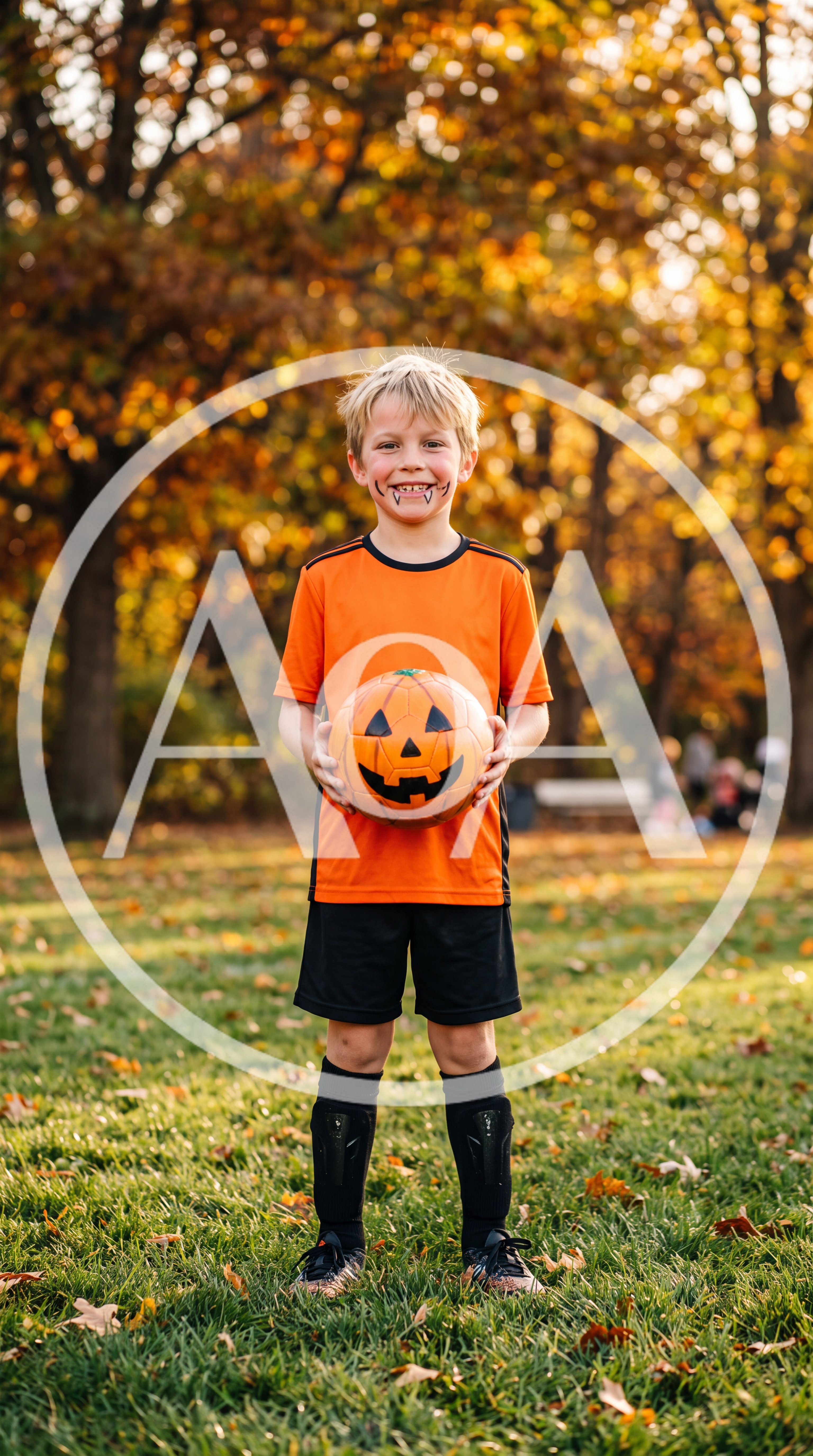 Young Boy Dressed as Vampire Holding Pumpkin Soccer Ball