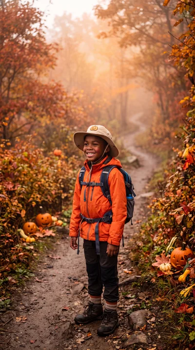 Young Boy Hiking on Autumn Trail with Pumpkins