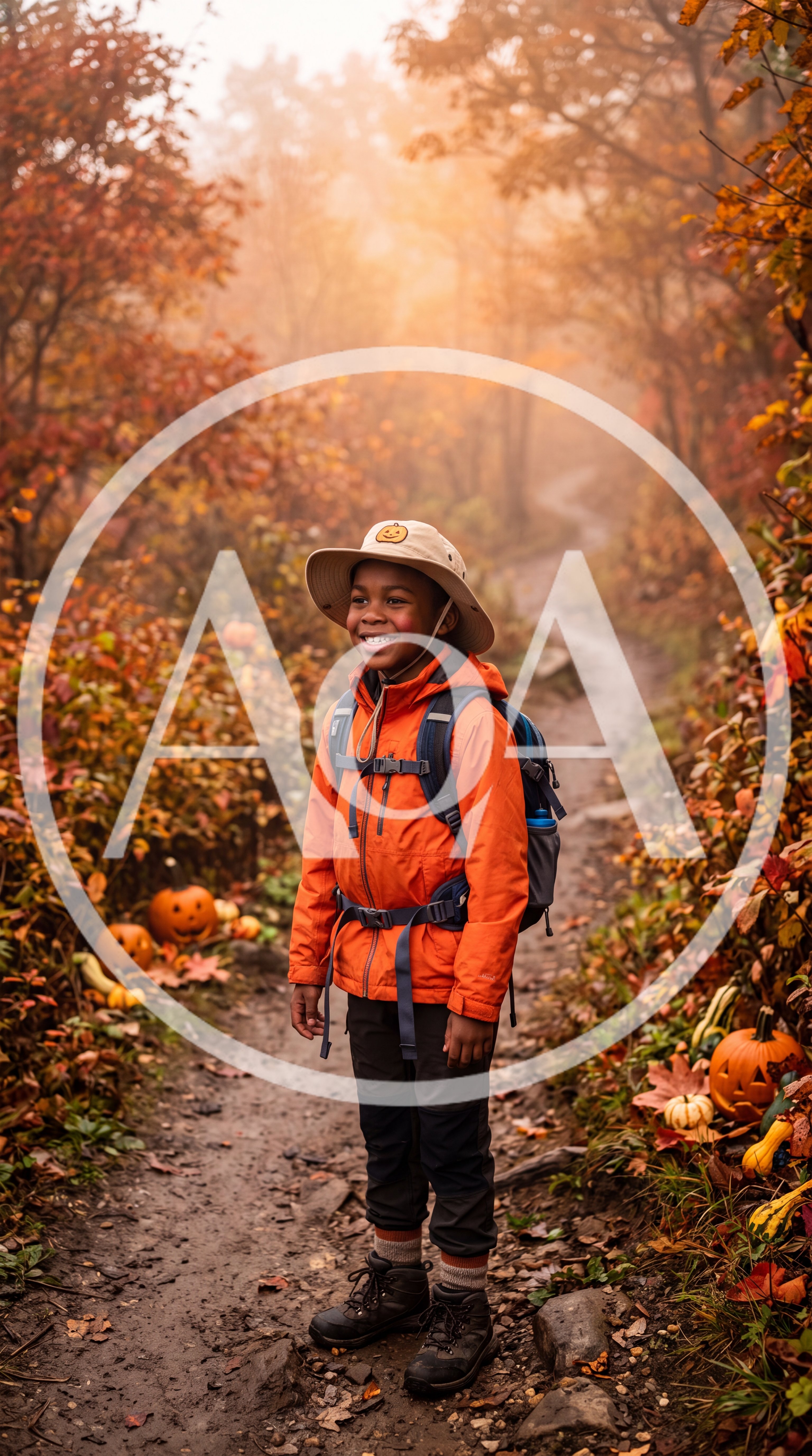 Young Boy Hiking on Autumn Trail with Pumpkins