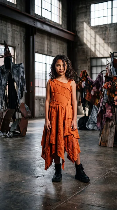Young girl in a ragged orange patchwork dress standing in a moody industrial warehouse setting