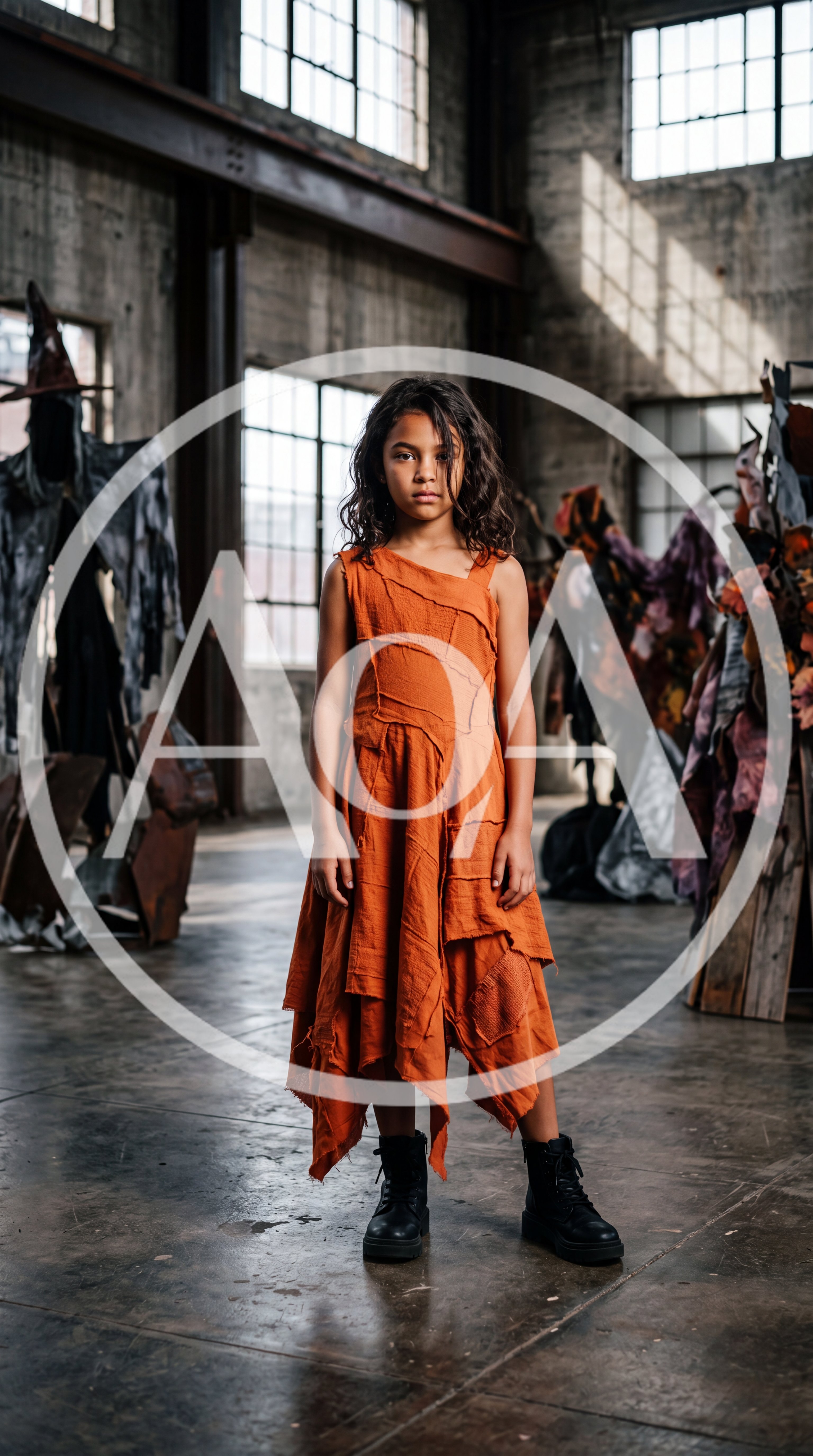 Young girl in a ragged orange patchwork dress standing in a moody industrial warehouse setting