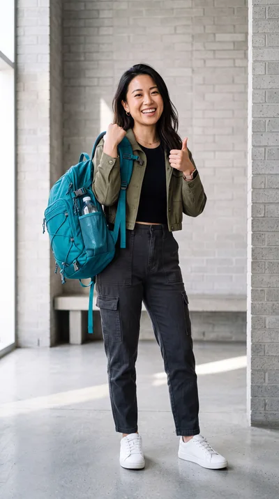 Smiling Young Woman With Backpack Giving Thumbs Up