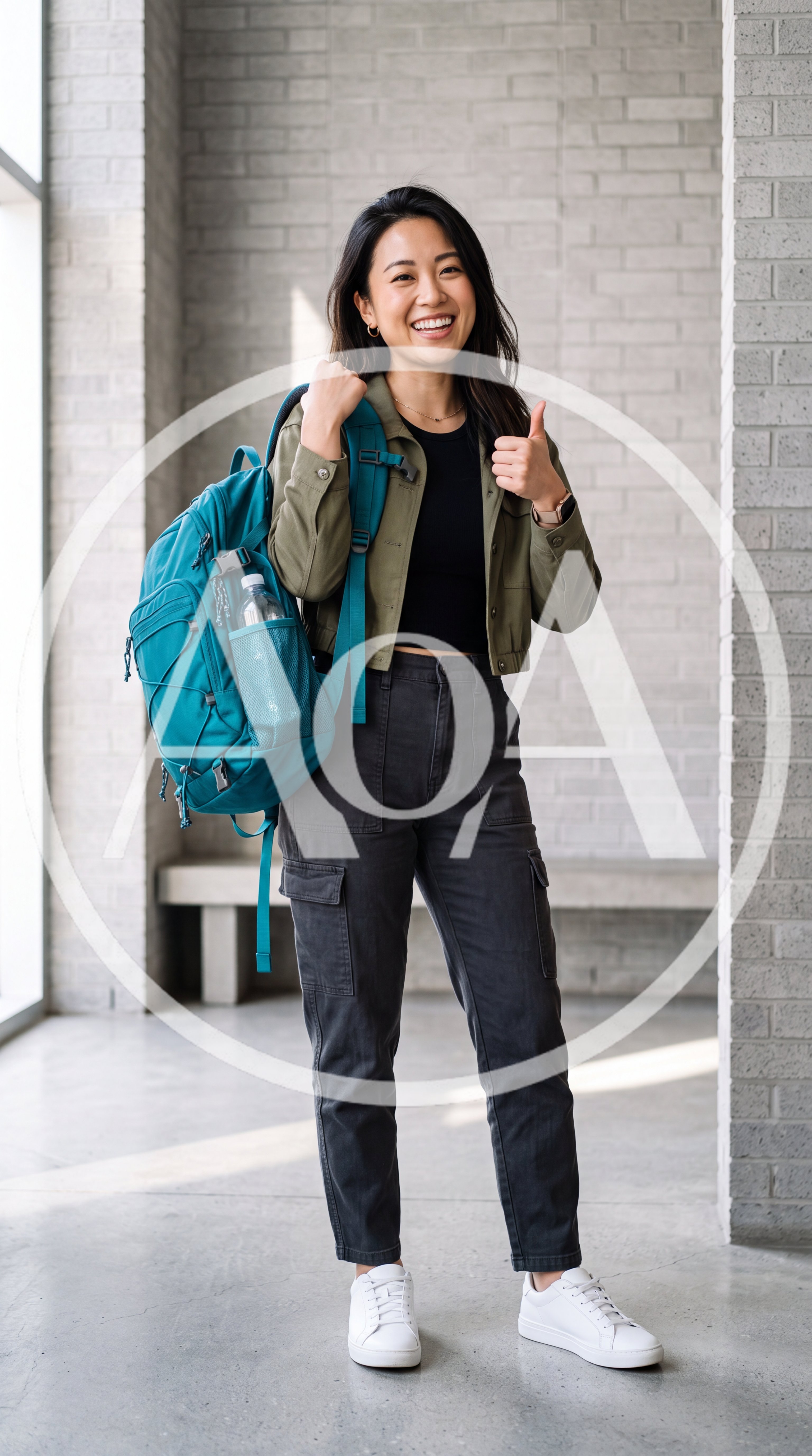 Smiling Young Woman With Backpack Giving Thumbs Up
