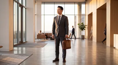 Asian Businessman Standing In Modern Office Lobby