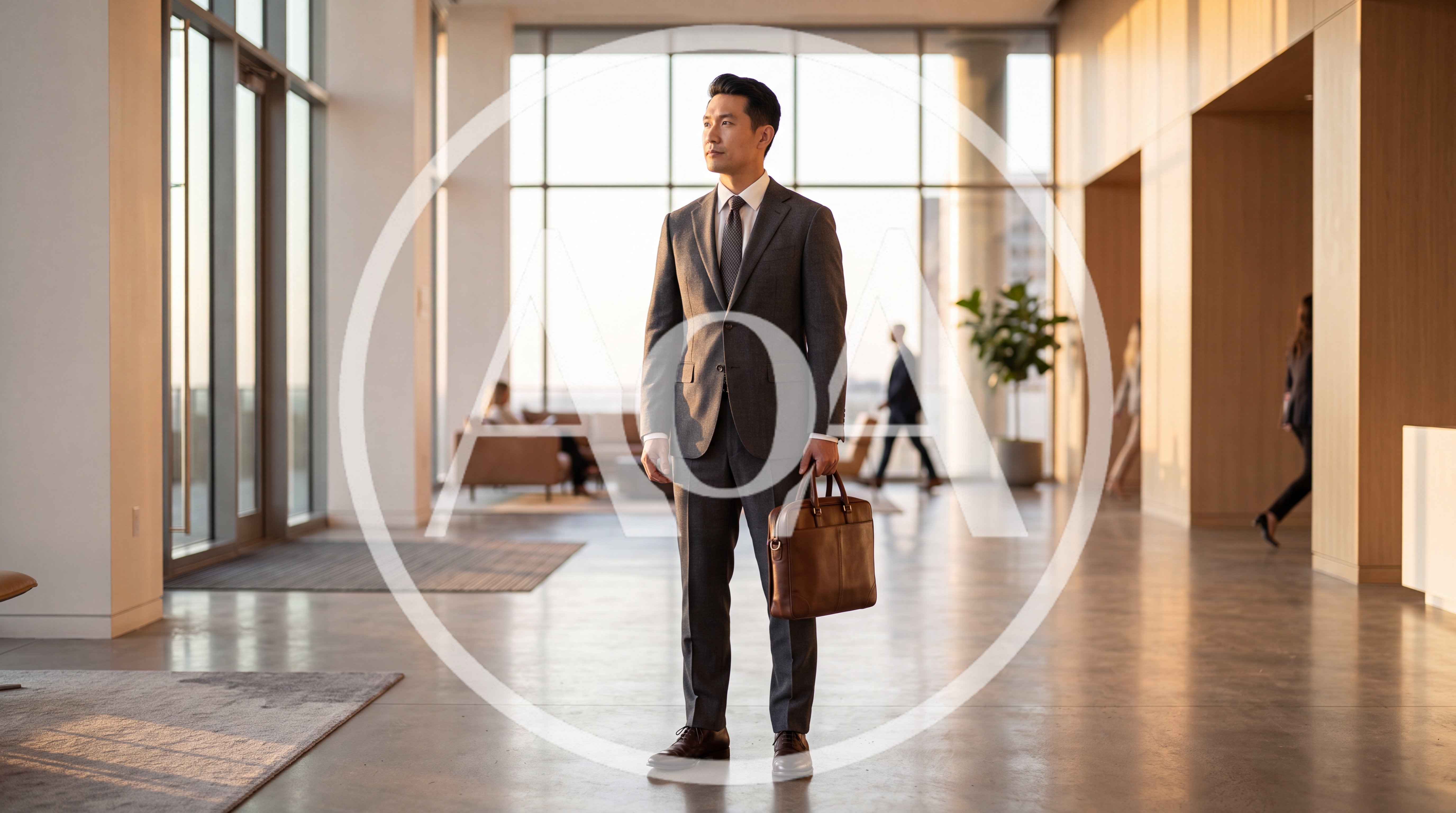 Asian Businessman Standing In Modern Office Lobby