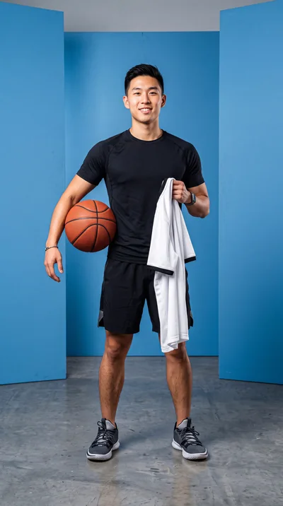 Young Asian Athlete Holding Basketball And Jersey