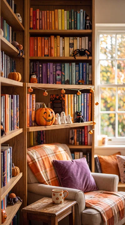 Cozy Halloween Reading Nook With Bookshelf And Armchair