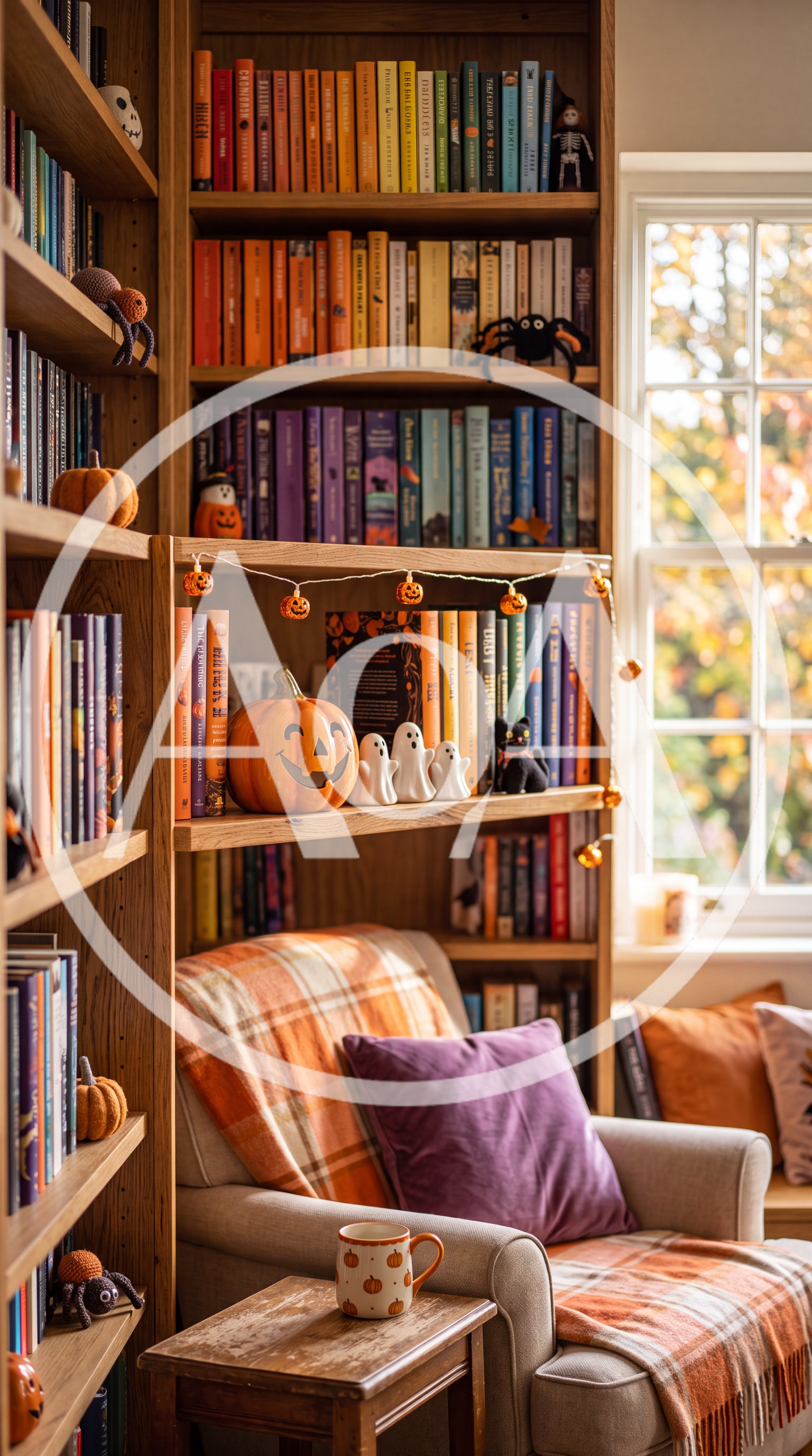 Cozy Halloween Reading Nook With Bookshelf And Armchair