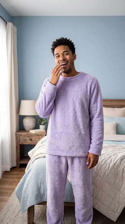 Young Man Yawning While Wearing Purple Pajamas