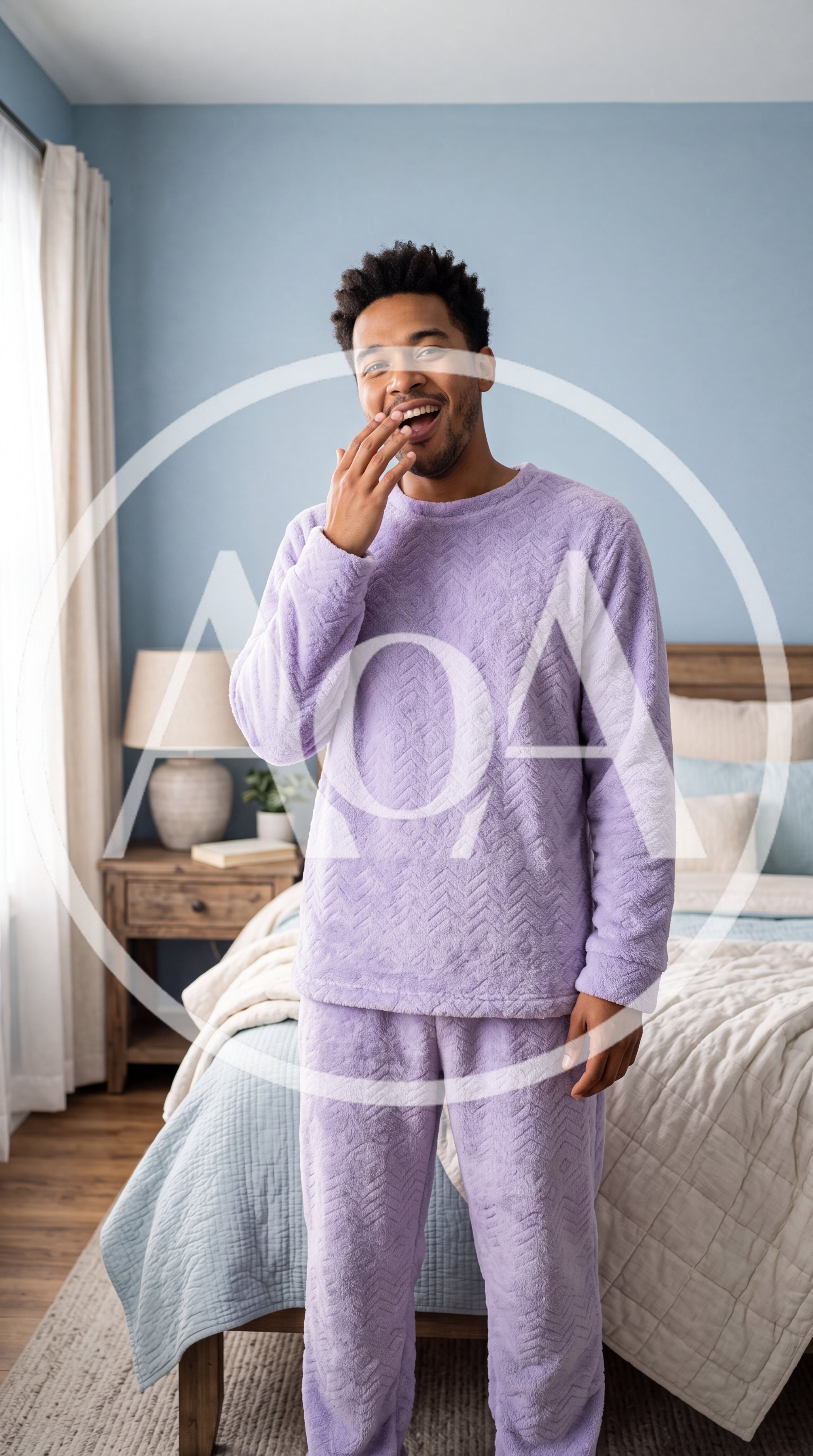 Young Man Yawning While Wearing Purple Pajamas