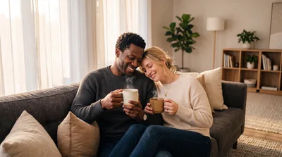 Interracial Couple Enjoying Hot Coffee On A Sofa
