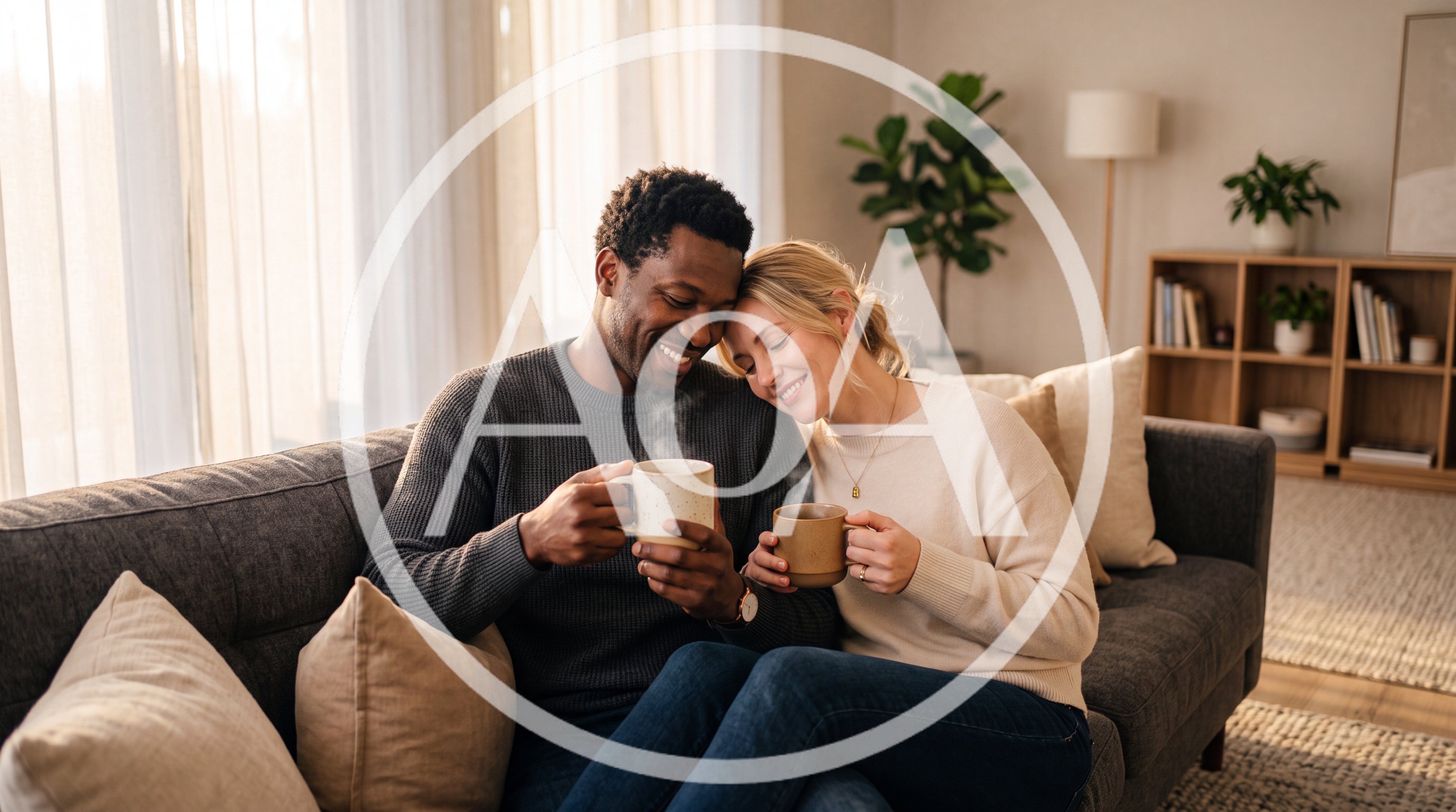 Interracial Couple Enjoying Hot Coffee On A Sofa