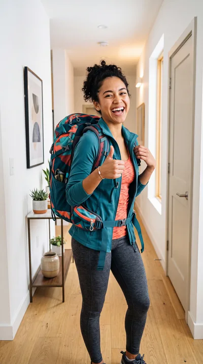 Happy Woman Wearing Hiking Backpack Giving Thumbs Up