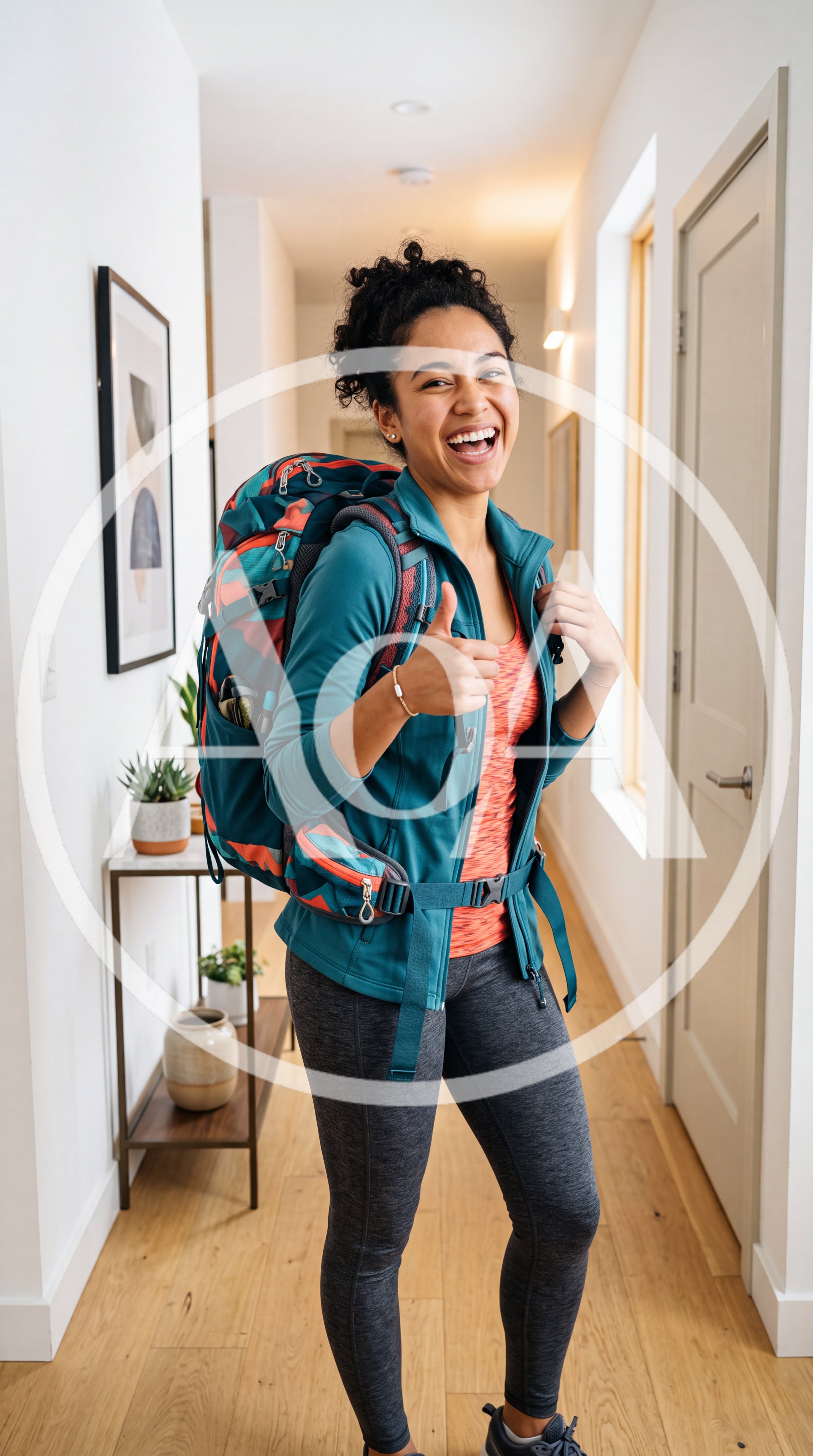 Happy Woman Wearing Hiking Backpack Giving Thumbs Up