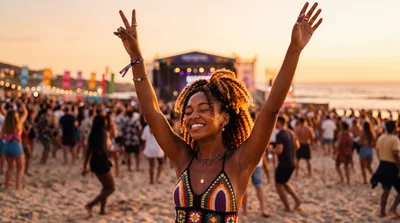 Young Woman Dancing Joyfully at Beach Music Festival