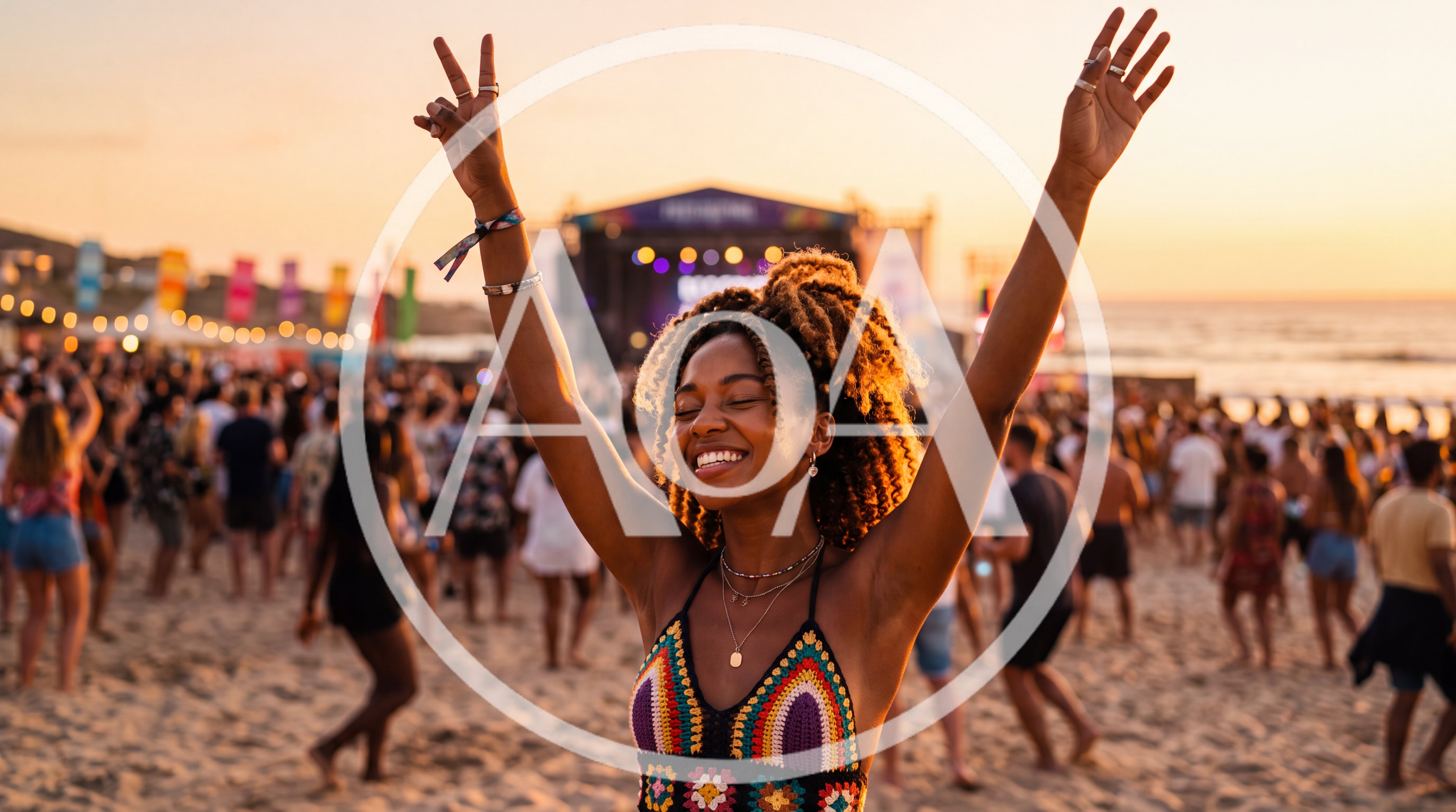 Young Woman Dancing Joyfully at Beach Music Festival