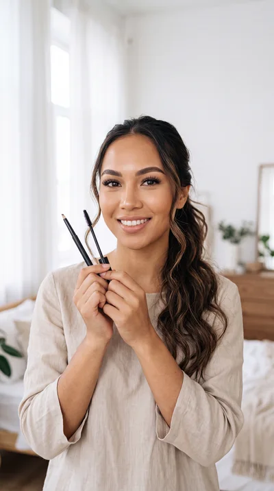 Young Woman Holding Makeup Tools In Bedroom