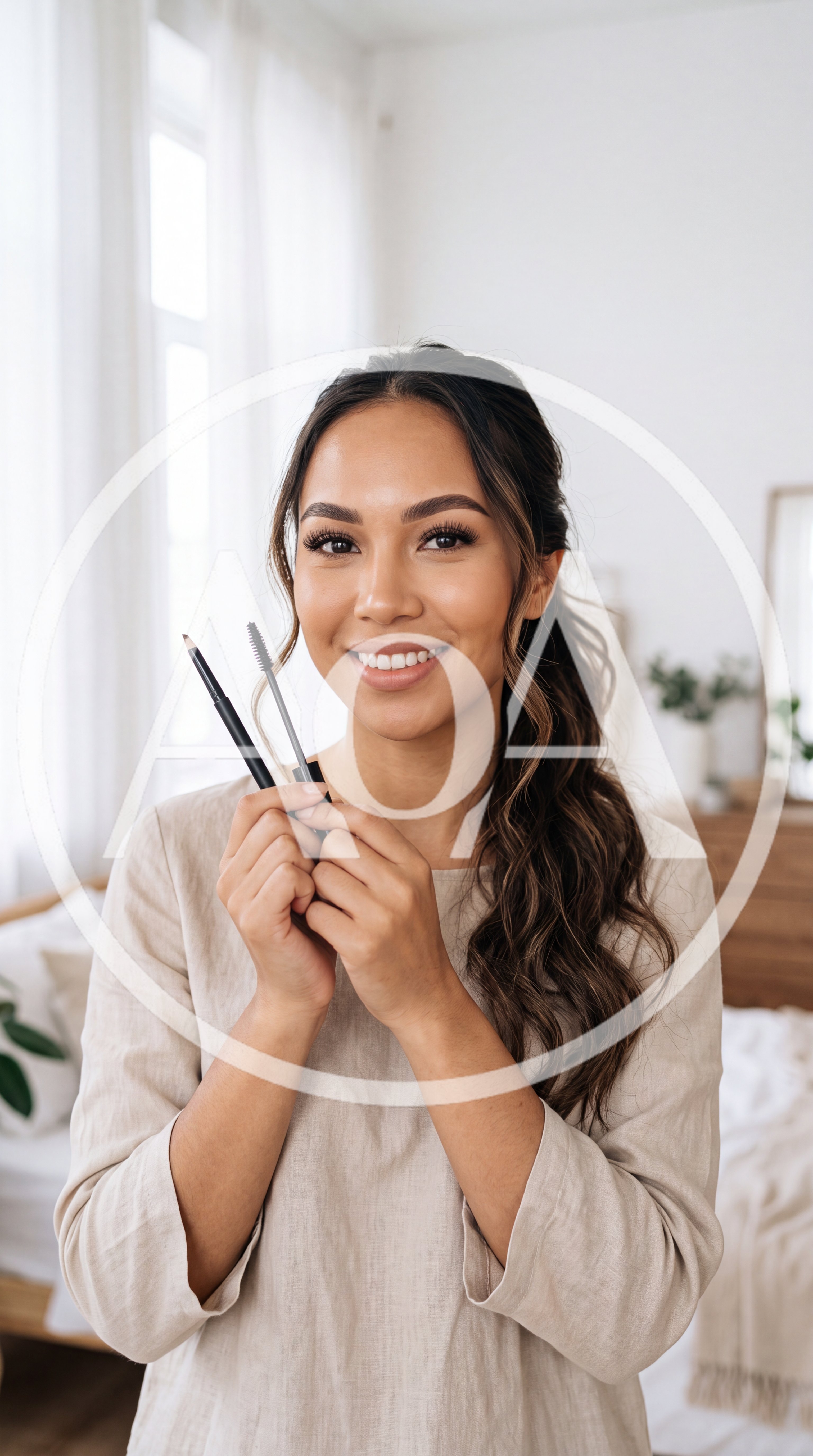 Young Woman Holding Makeup Tools In Bedroom