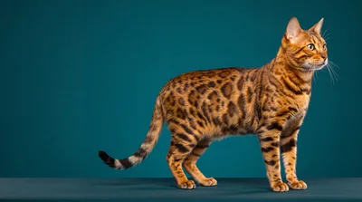 Bengal Cat Standing On A Teal Background