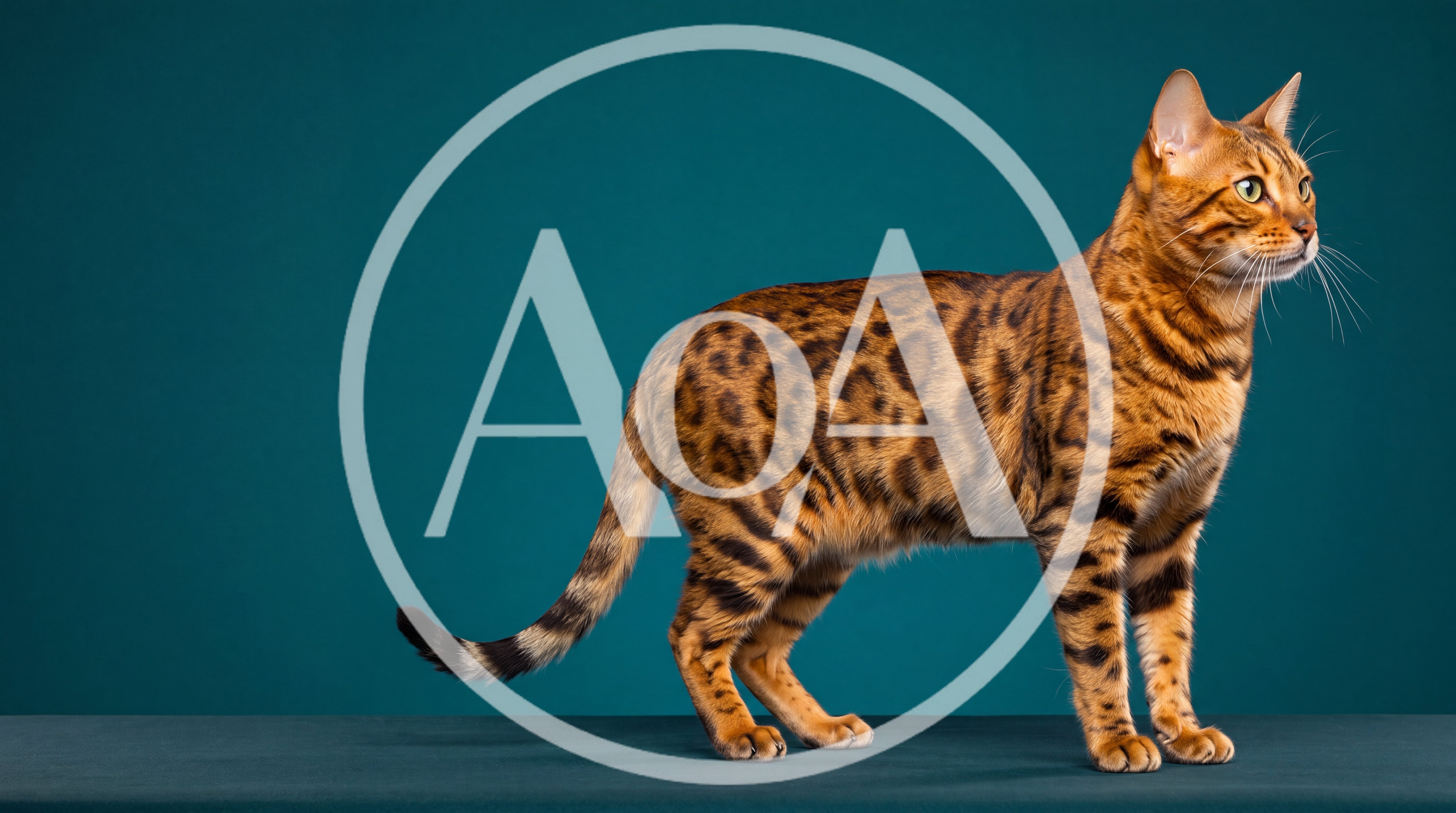 Bengal Cat Standing On A Teal Background