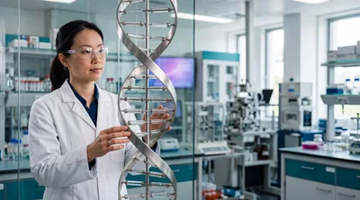 Female Scientist Examining DNA Model In Modern Laboratory