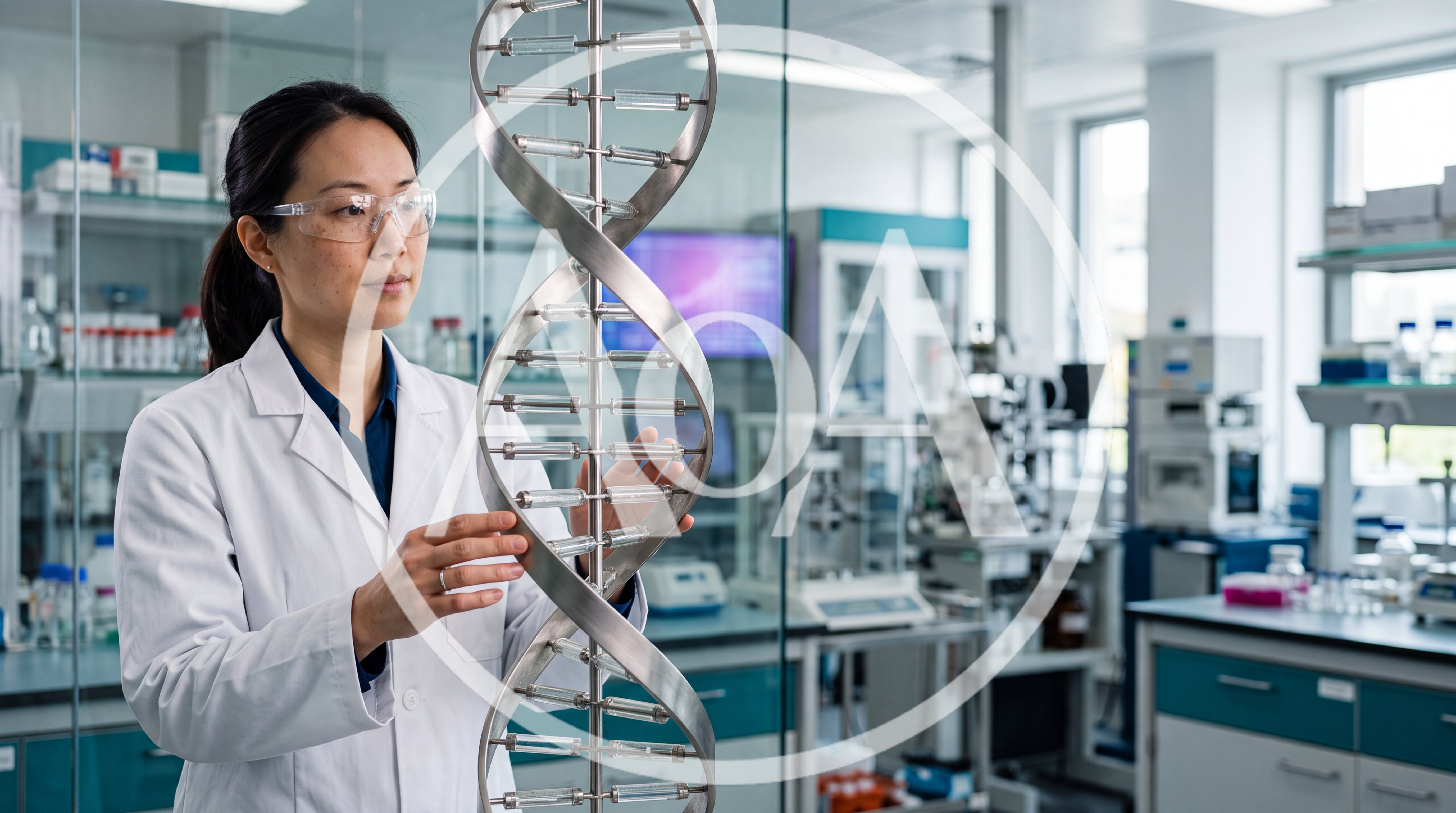 Female Scientist Examining DNA Model In Modern Laboratory