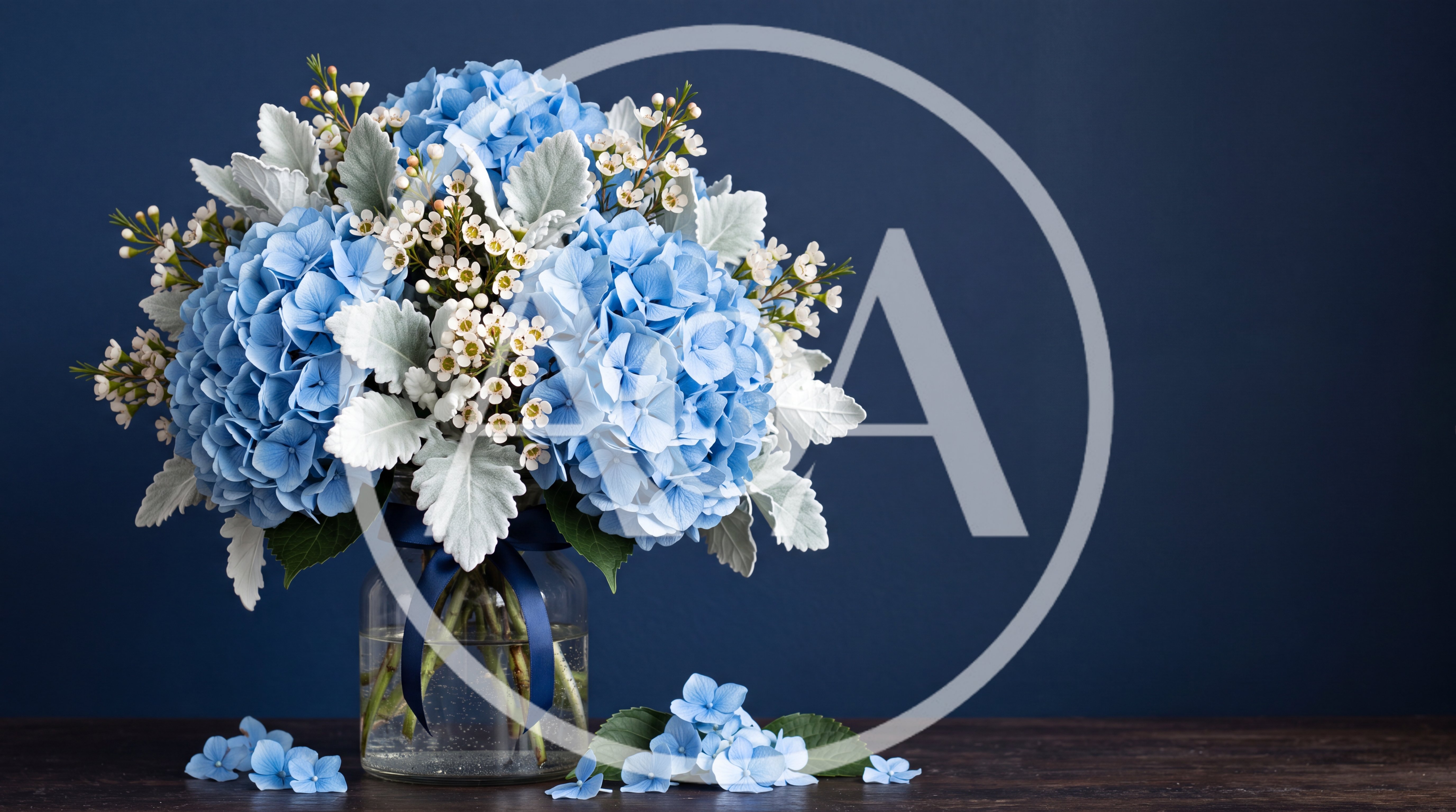 Blue Hydrangea Bouquet in Glass Vase