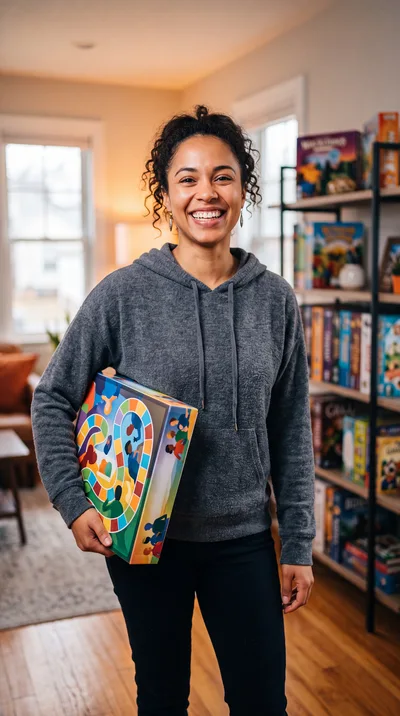 Smiling Woman Holding A Colorful Board Game Box