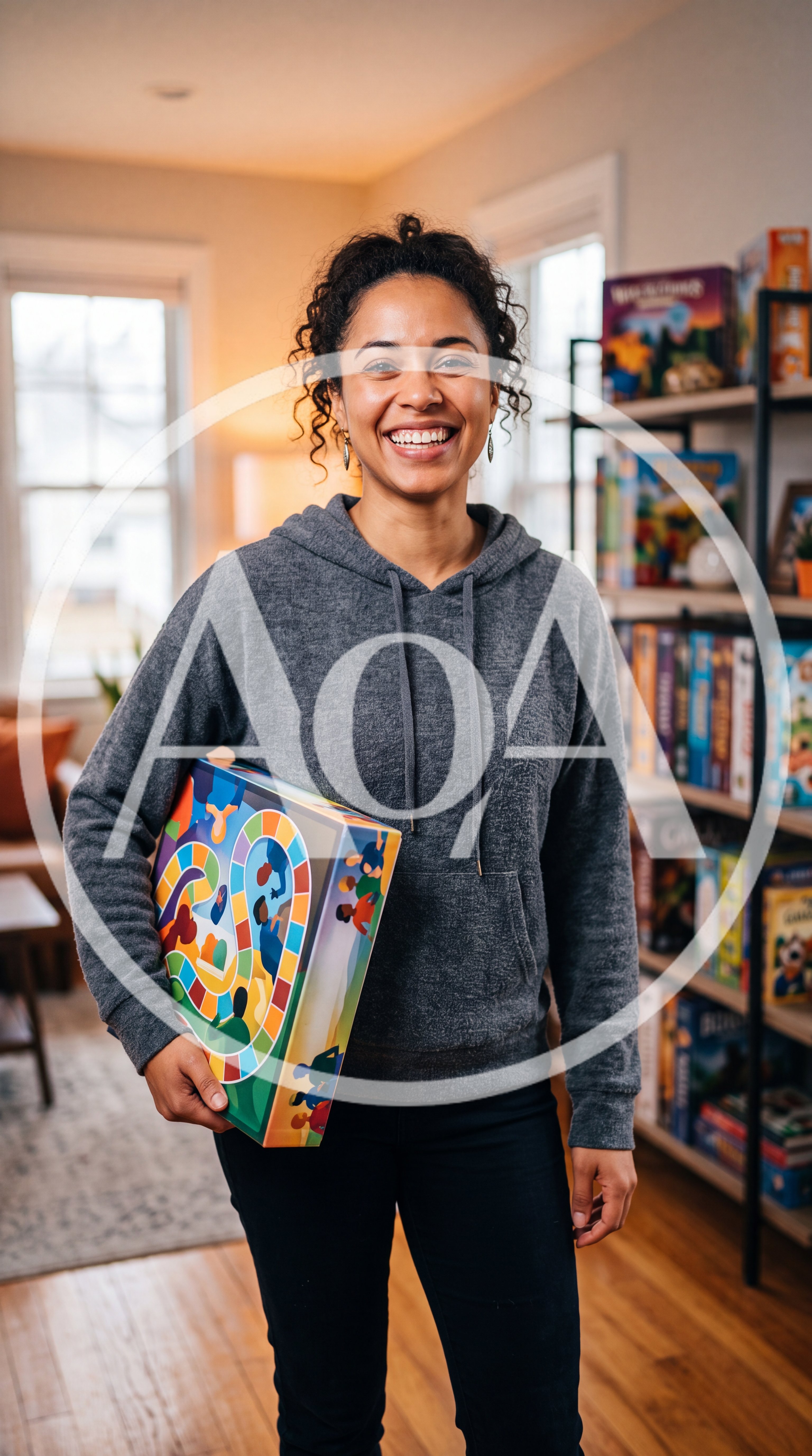 Smiling Woman Holding A Colorful Board Game Box