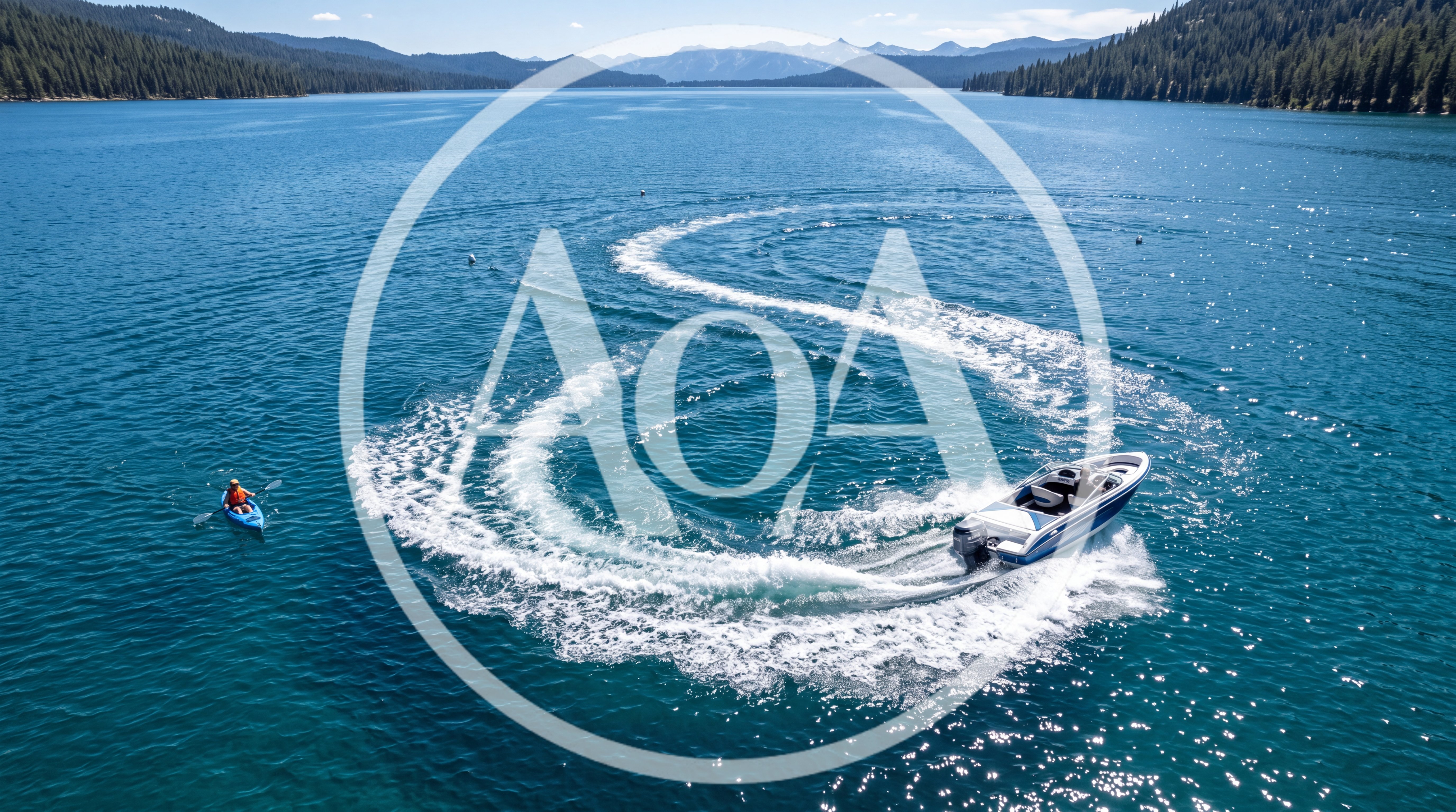 Motorboat Creating S-Shaped Wake Near Kayaker