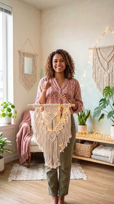 Woman Holding Handmade Macrame Wall Hanging With Fairy Lights