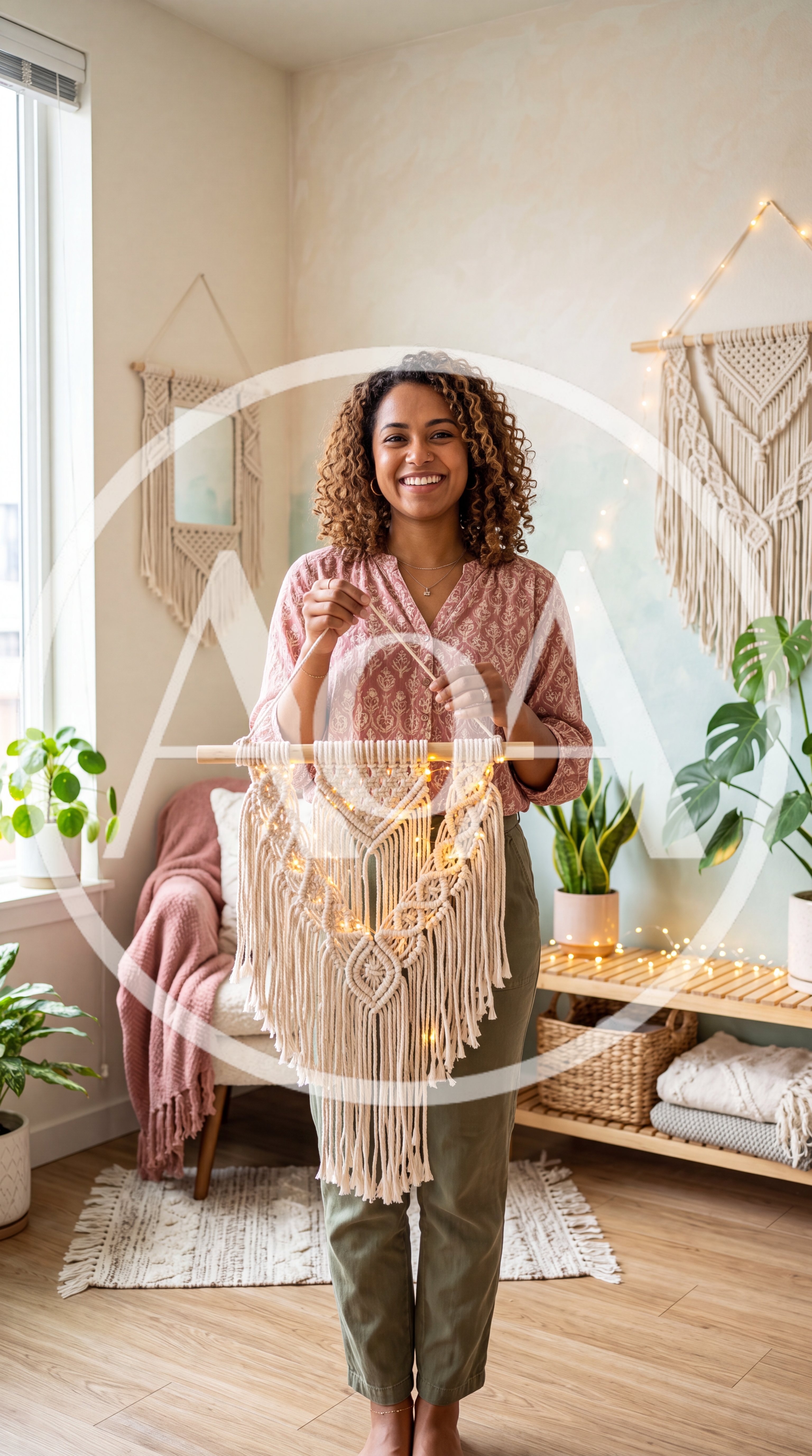Woman Holding Handmade Macrame Wall Hanging With Fairy Lights
