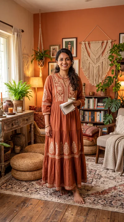 Woman Standing In A Cozy Boho Living Room