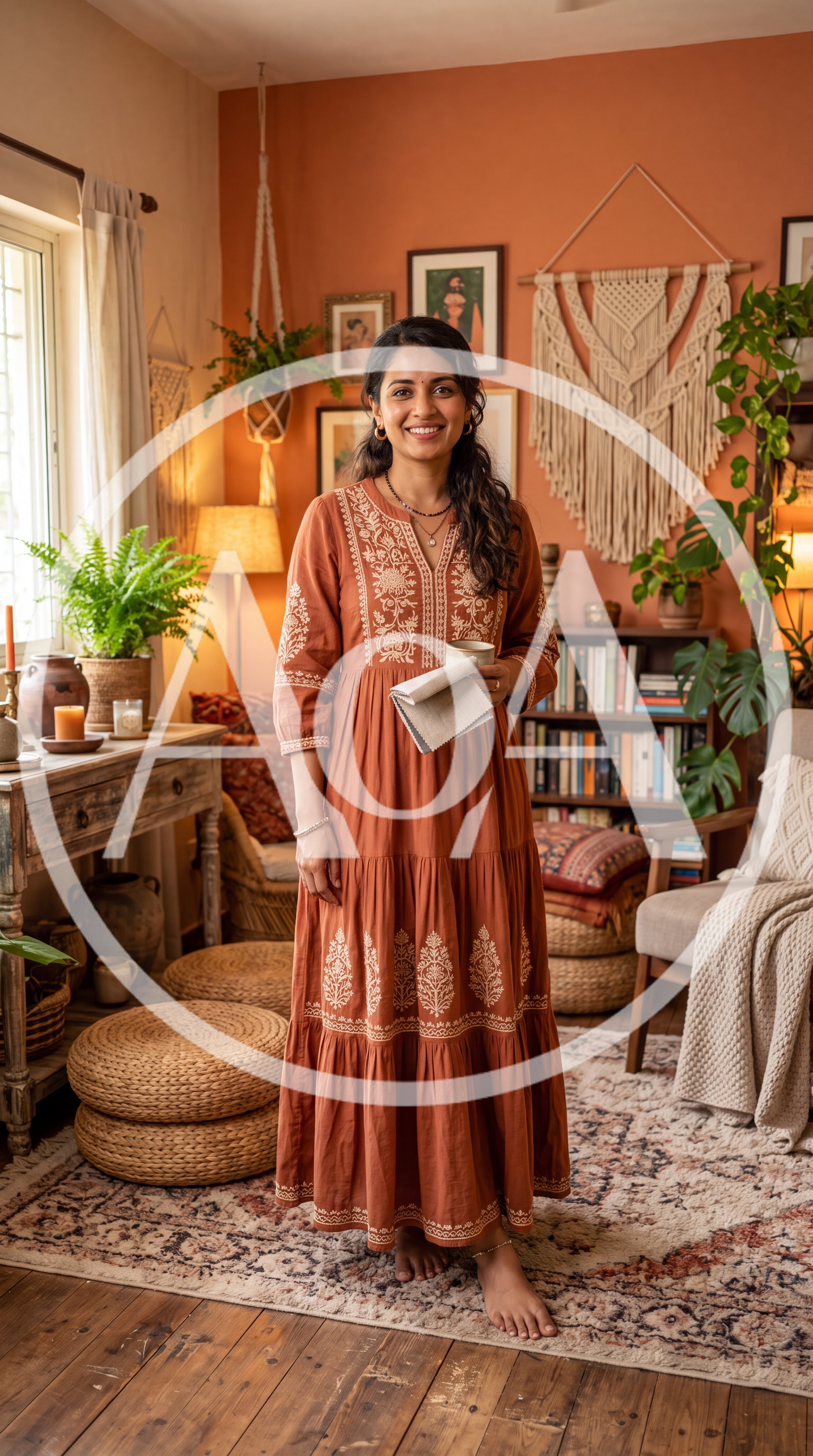 Woman Standing In A Cozy Boho Living Room