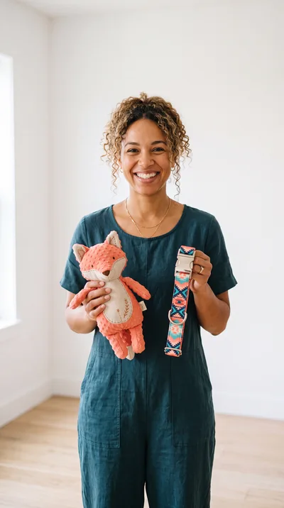 Smiling Woman Holding A Plush Fox And Dog Collar