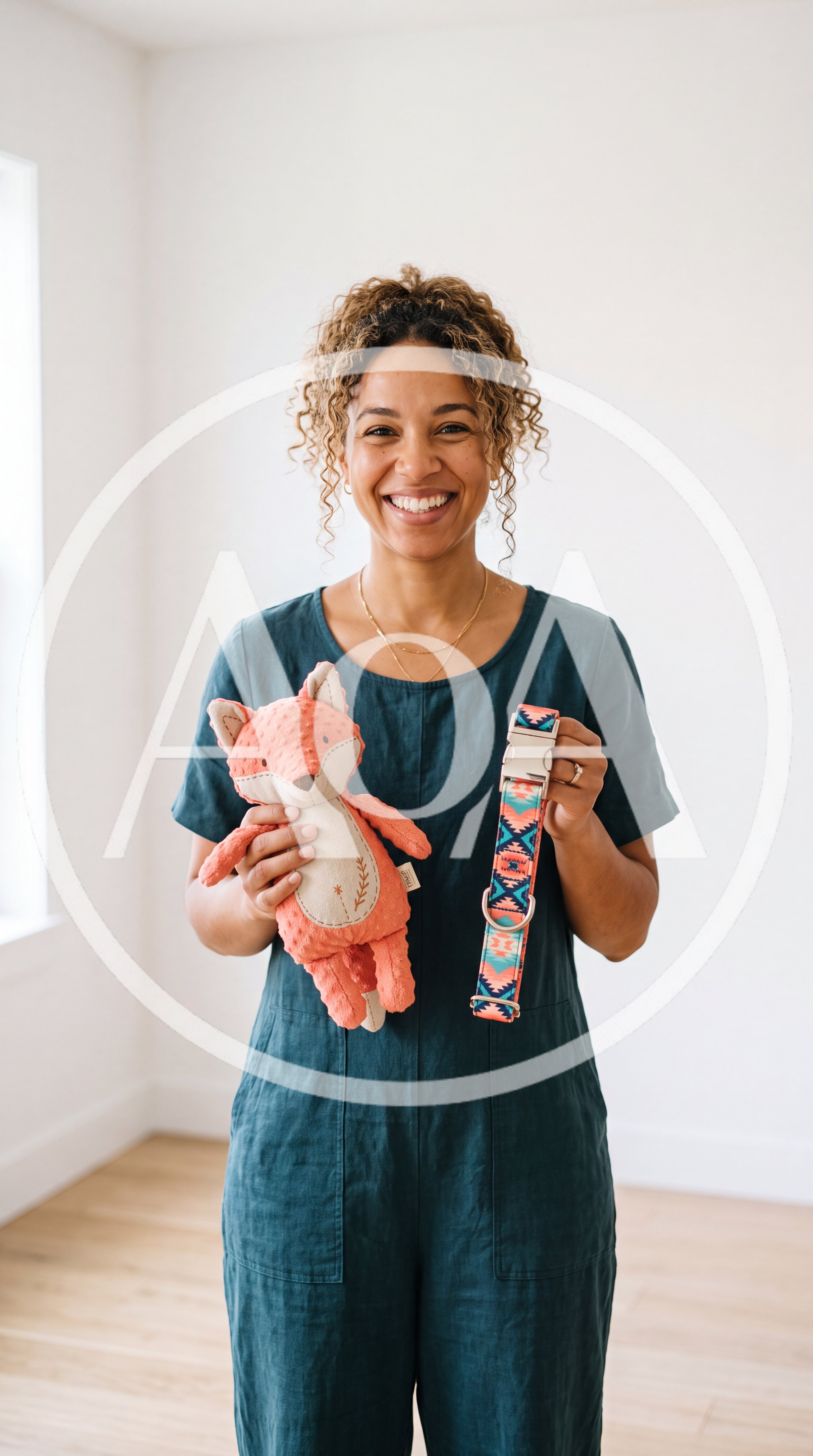 Smiling Woman Holding A Plush Fox And Dog Collar