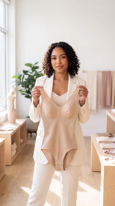 Woman Holding Beige Shapewear Bodysuit In Clothing Store