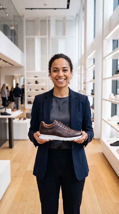 Smiling Sales Associate Holding A Brown Leather Sneaker
