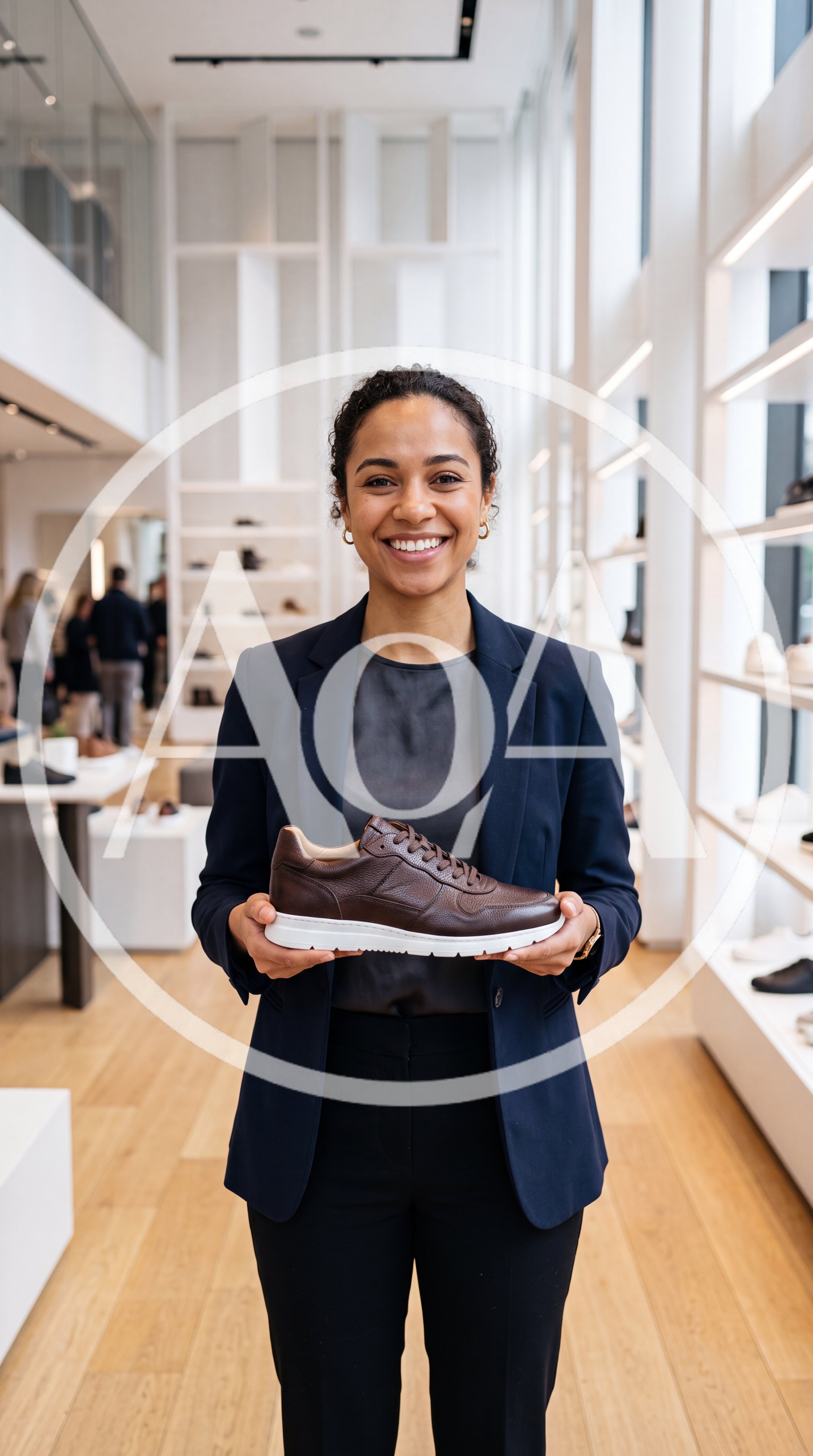 Smiling Sales Associate Holding A Brown Leather Sneaker