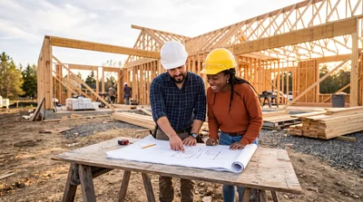 Architects Reviewing Construction Blueprints at Building Site