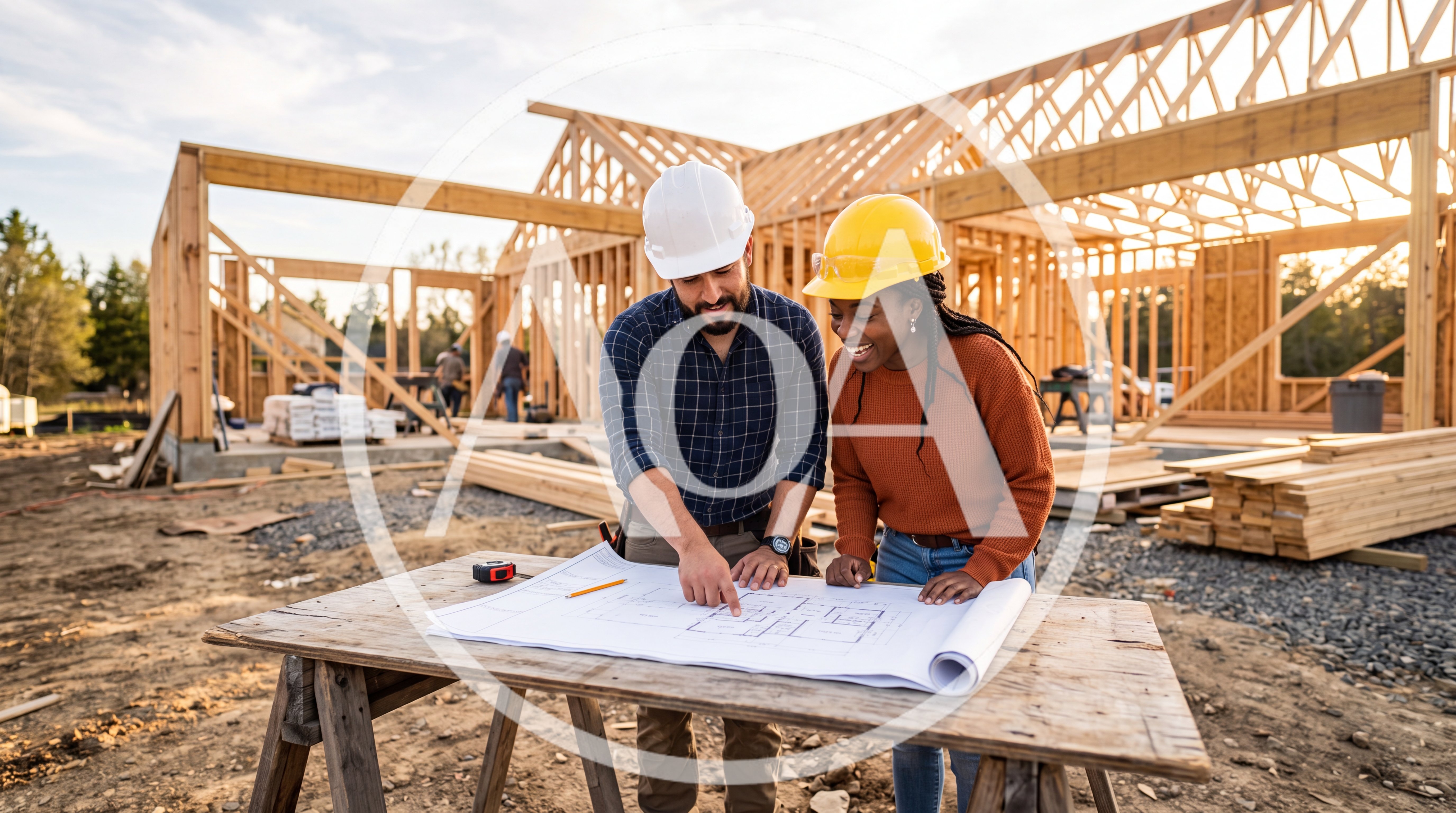 Architects Reviewing Construction Blueprints at Building Site