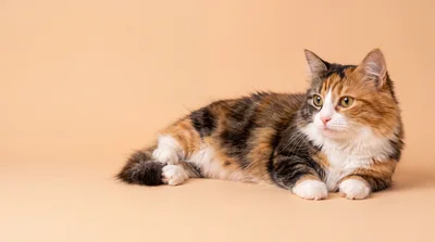 Calico Cat Resting On A Beige Background