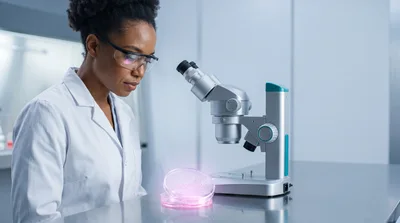 Female Scientist Examining Glowing Petri Dish In Laboratory
