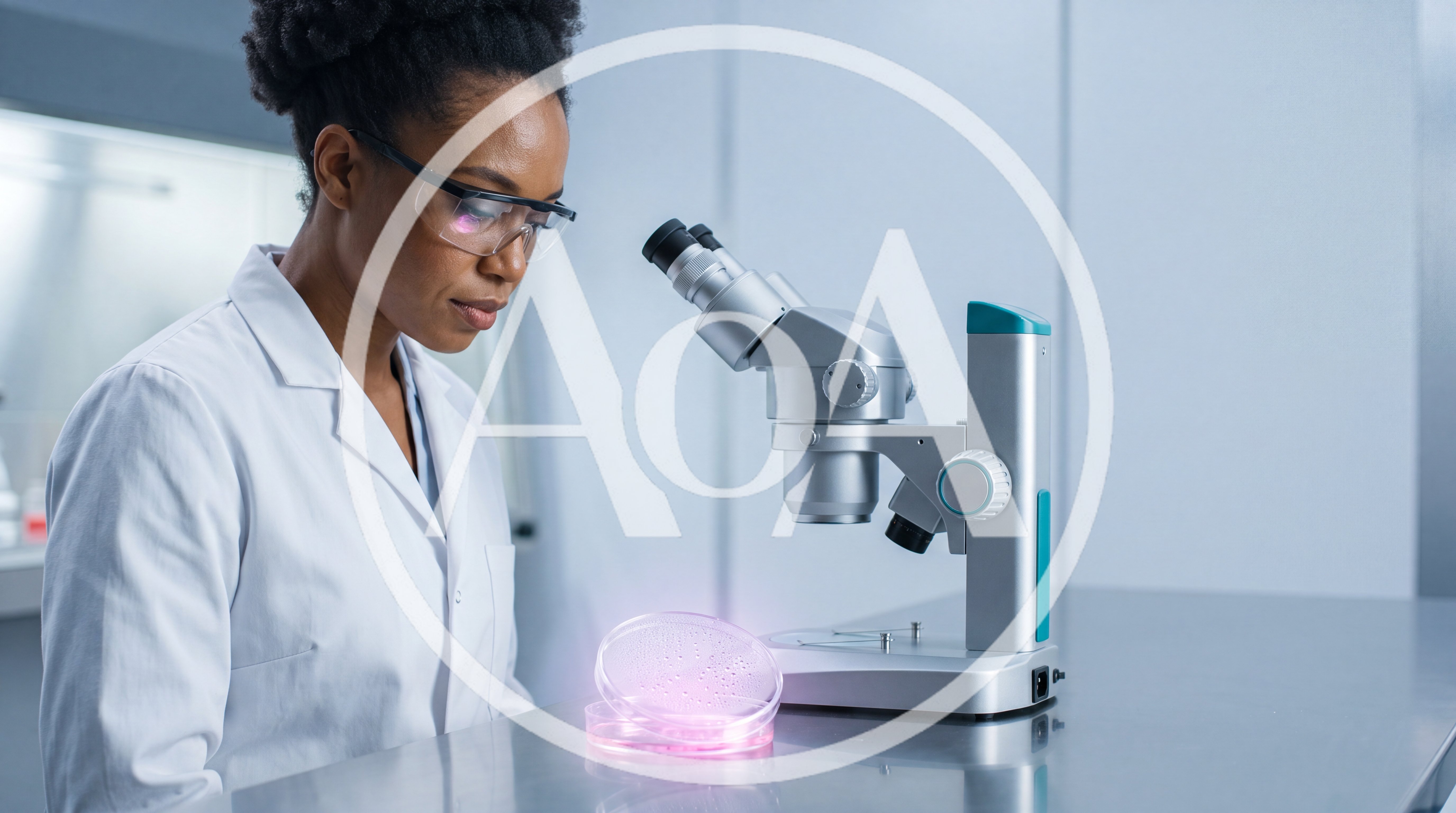 Female Scientist Examining Glowing Petri Dish In Laboratory