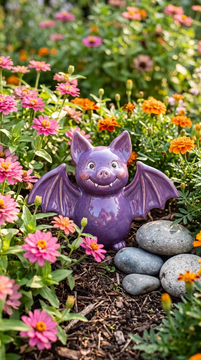 Purple Ceramic Bat Figurine in a Flower Garden