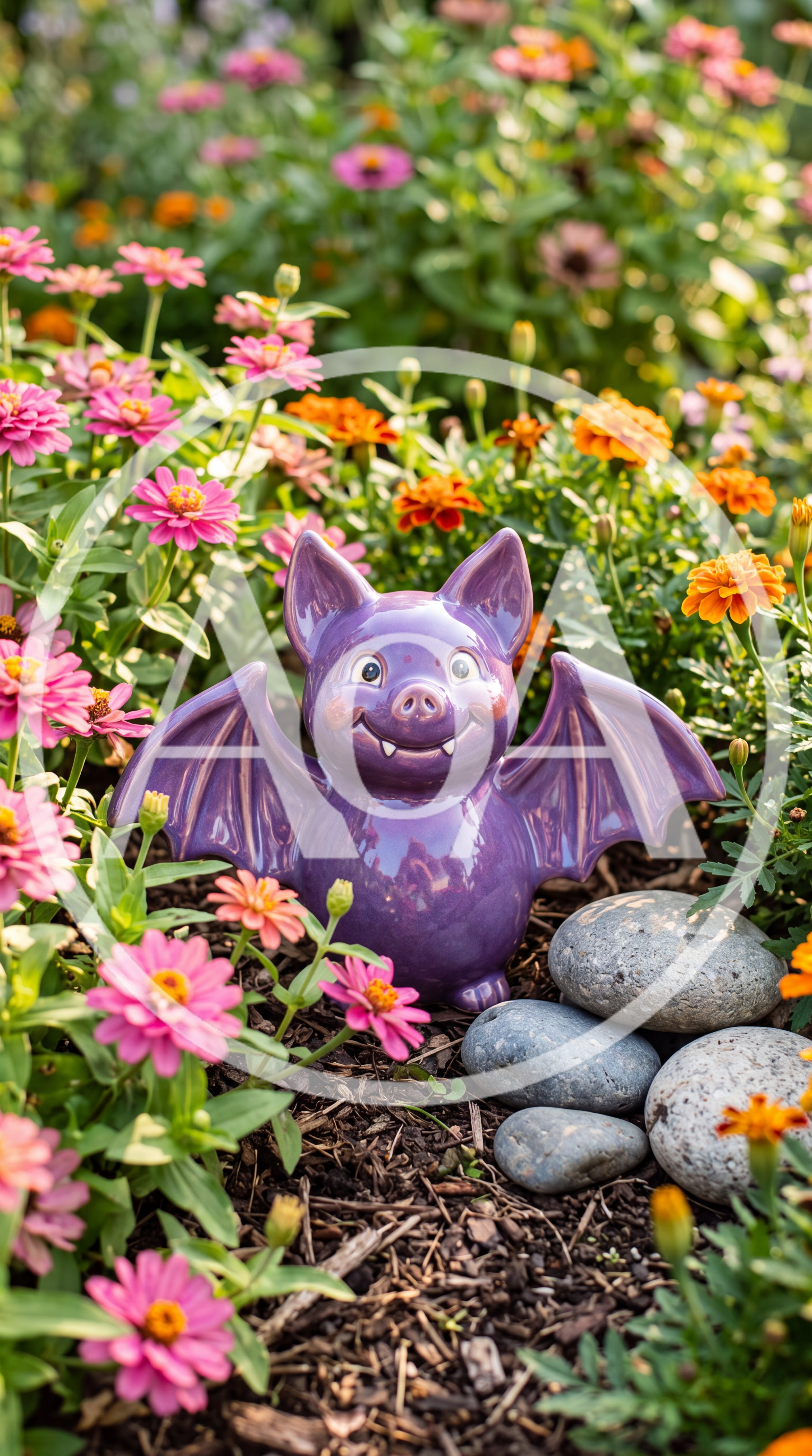 Purple Ceramic Bat Figurine in a Flower Garden
