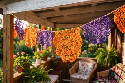 Crochet Doily Bunting Hanging on a Rustic Porch
