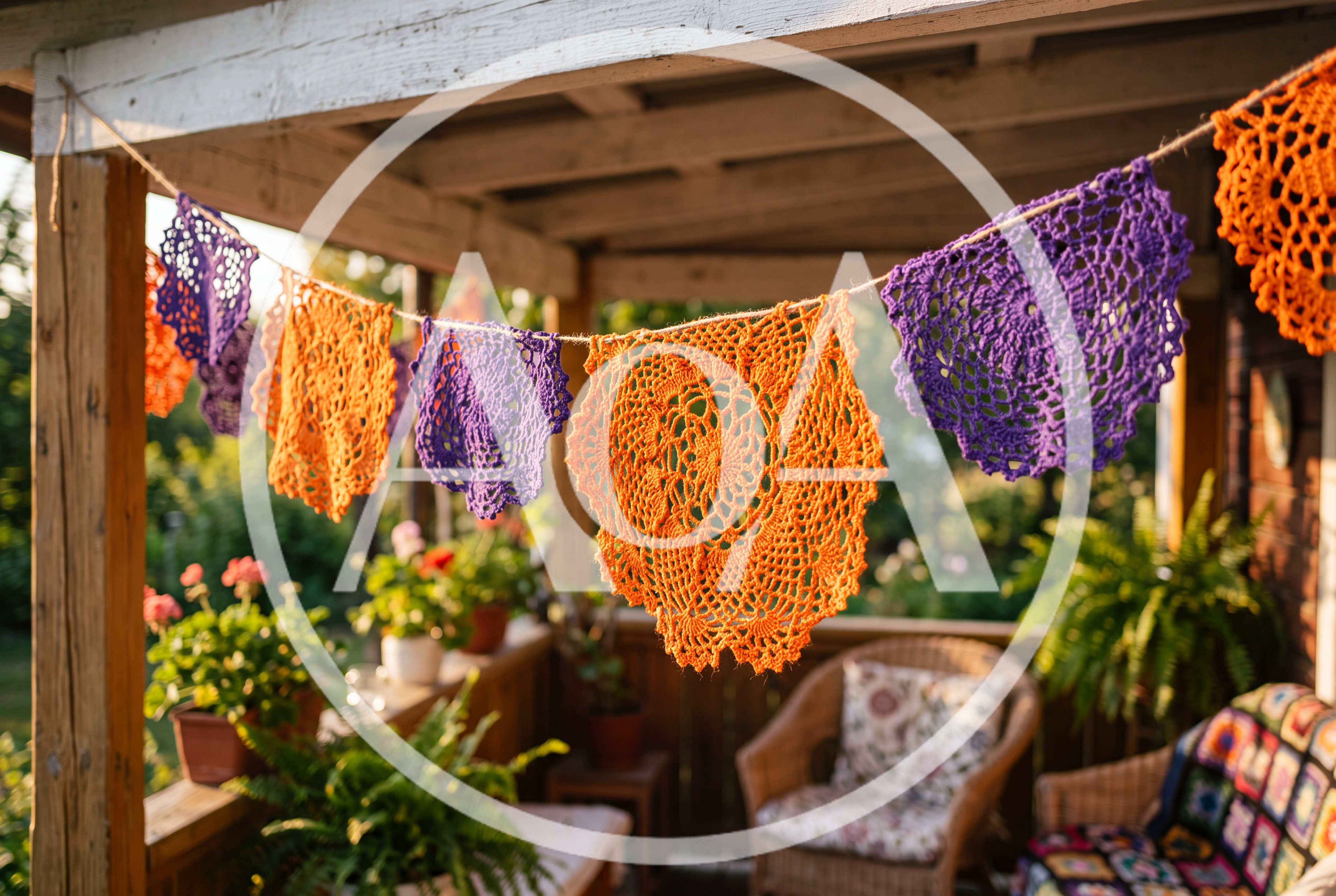 Crochet Doily Bunting Hanging on a Rustic Porch